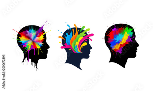 Creative Mind Explosion Silhouette Set, Colorful Paint Splash Brain Concept, Psychology Creativity Vector Collection