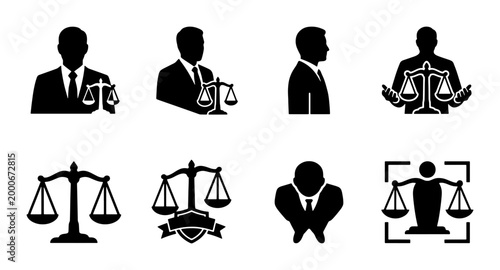 Foto Lawyer and justice icon set, professional attorney silhouettes with scales of ju