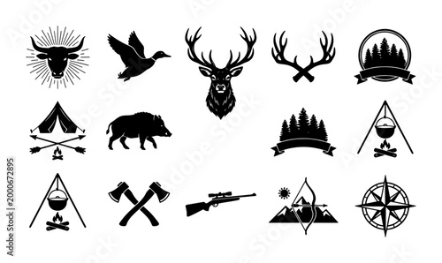Bild auf Leinwand Vintage hunting and camping icons set, black silhouette outdoor adventure symbol