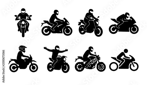 Tableau sur toile Motorcycle rider silhouettes set, black motorbike icons collection with 8 vector