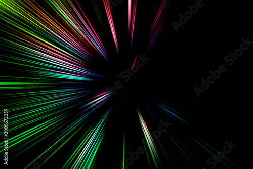 Abstract surface of radial blur zoom, colorful rays in green, red, pink, blue and white on black background, off-center burst creating dynamic motion, speed and futuristic light streaks.