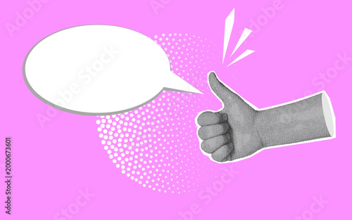 Thumb up positive, like gesture, all right, collage in trendy halftone effect, fist, bubble for text background