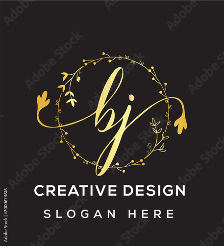 Luxury bj golden monogram design, minimalist, feminine floral logo for jewelry or boutique business.
