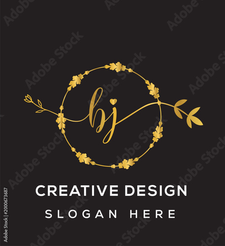 Initial bj golden logo design, feminine floral monogram with elegant frame for branding and wedding. 