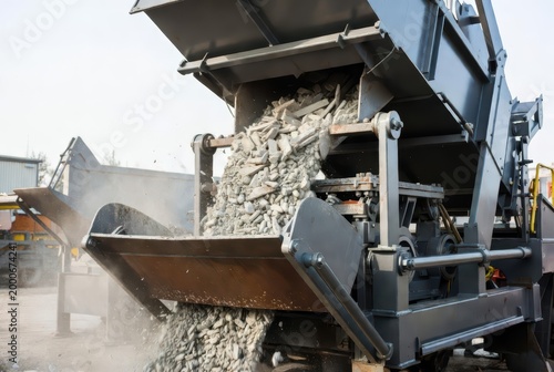 Industrial crusher machine processing concrete debris into smaller aggregate for recycling