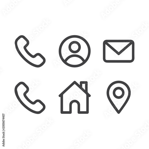 Communication icons displayed in bold black lines represent essential contact methods including telephone, user identification, email, and location mapping.