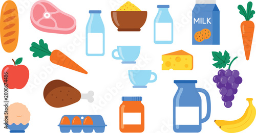 Food and grocery vector set with bread meat milk cheese fruits vegetables eggs and beverages, colorful flat kitchen ingredient collection illustration