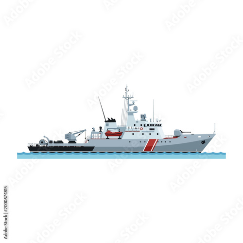 Vector Illustration of a Modern Coast Guard Ship in the Ocean