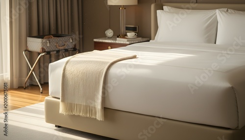 Sunlit luxury hotel room featuring a neatly made bed with white linens and an open suitcase on a luggage rack creating an inviting atmosphere for