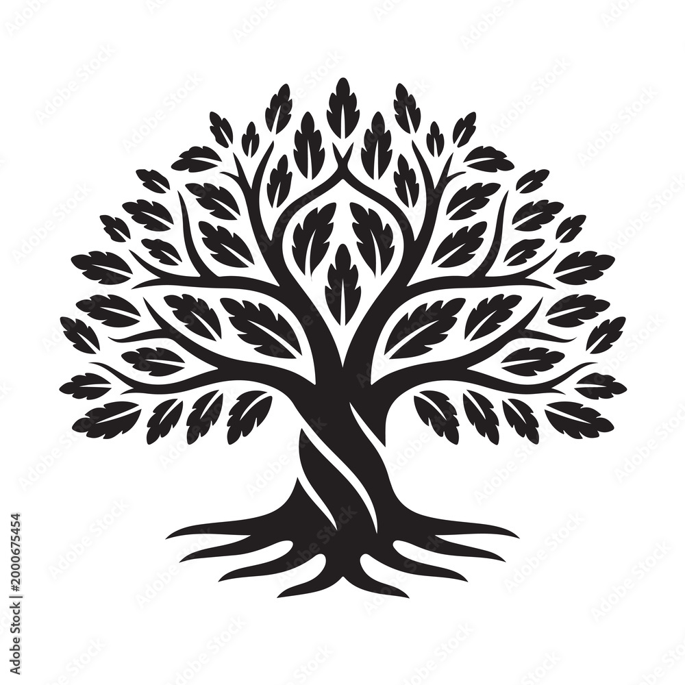 Fototapeta premium Black and white stylized tree icon with twisted trunk and detailed leaves for nature and growth design concepts