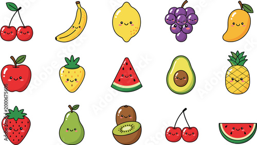 Cute fruit doodle vector set featuring apple banana lemon grapes mango avocado watermelon and berries, colorful hand drawn food characters collection