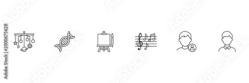 Education and school learning icon set featuring paper scroll, inkwell with feather, chemistry beaker, student desk and classroom blackboard vector.