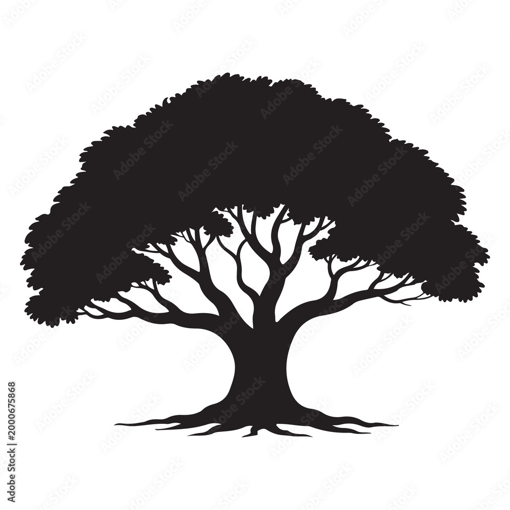 Fototapeta premium Black silhouette of a large oak tree with spreading branches and roots on a simple graphic design