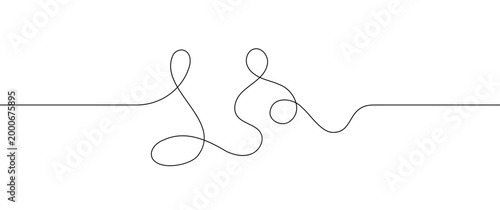 Abstract line squiggle cable with long continuous curve, thin black wavy thread style drawing isolated on white background.