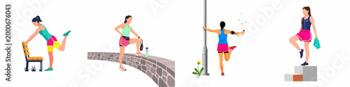 Set of four flat vector illustrations of active women performing stretching and cool-down exercises in outdoor urban settings for health and fitness.