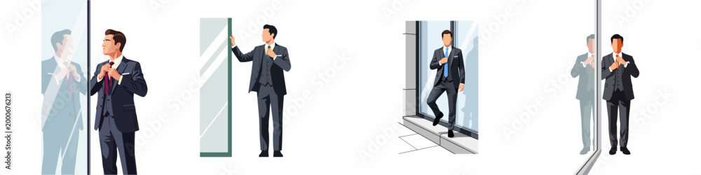 Fototapeta premium Set of vector illustrations featuring a confident businessman in a formal three-piece suit adjusting his tie and posing by mirrors and windows.