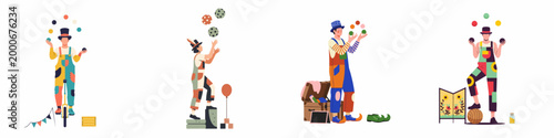 Collection of Circus Jugglers in Colorful Costumes Performing Various Juggling and Balancing Acts in a Flat Illustration Style