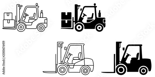 Minimal forklift truck icon set in outline and solid silhouette style