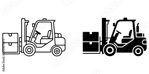 Minimal forklift truck icon set in outline and solid silhouette style