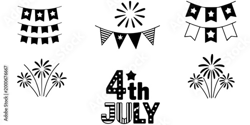 Colorful party garland decorations set with flags, balloons, hearts, and festive elements perfect for celebrations, birthdays, events, and holiday design