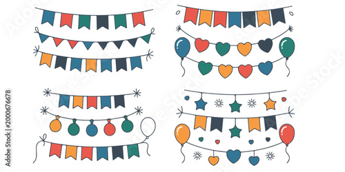 Colorful party garland decorations set with flags, balloons, hearts, and festive elements perfect for celebrations, birthdays, events, and holiday design
