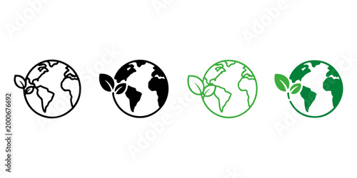 Earth globe icons set in outline and filled styles with green and black variations isolated on white background, world map environmental global symbol collection