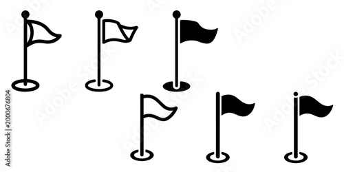 Minimal golf flag icons in outline and solid styles representing sports, golf course markers, hole location symbols, and outdoor recreation design elements