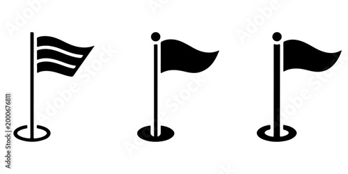 Minimal golf flag icons in outline and solid styles representing sports, golf course markers, hole location symbols, and outdoor recreation design elements