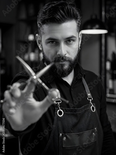 Black and white portrait of male barber holding scissors toward camera