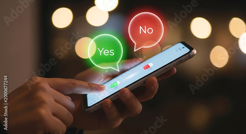 person holding smartphone with yes no chat bubbles on screen