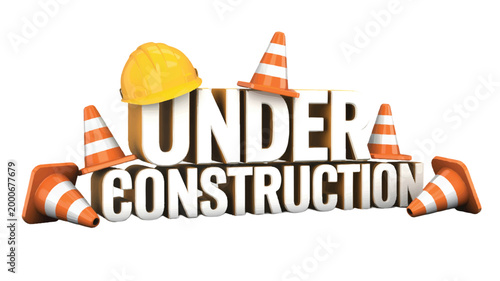 Vibrant 3D 'Under Construction' text graphic surrounded by safety cones and a yellow hard hat, symbolizing a website under development or a project in progress, isolated on a clean white background