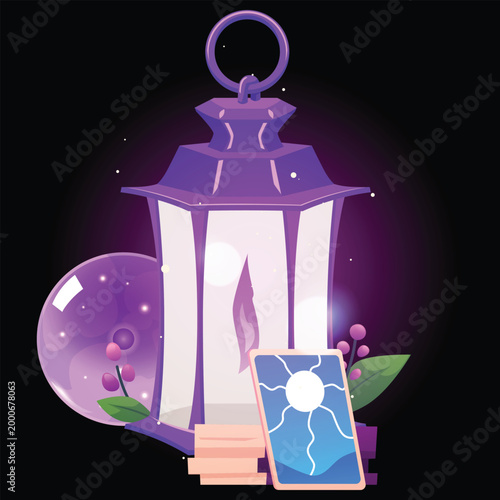 A purple lantern with a flame and glowing particles, a crystal ball, and tarot cards.