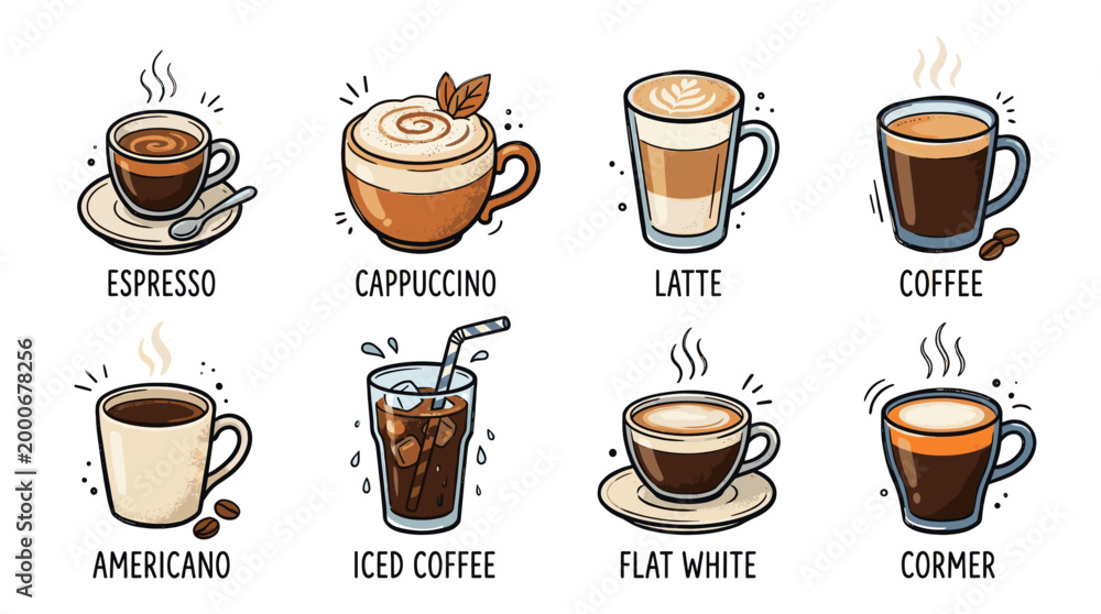 Fototapeta premium Coffee Types and Drinks Icon Set in Cute Doodle Style
