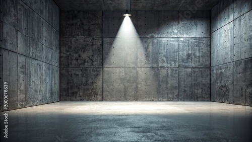Abandoned concrete room, spotlight, empty space, industrial interior, dark ambiance