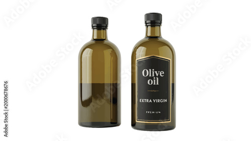 Glass bottles of extra virgin olive oil with labels, isolated on a white background, showcasing premium quality and natural ingredients