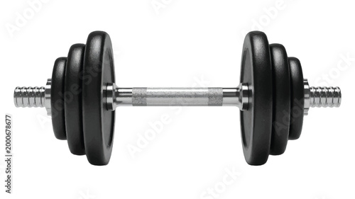 A close-up studio shot of a single, black, adjustable dumbbell against a clean white background, highlighting its weight plates and textured grip