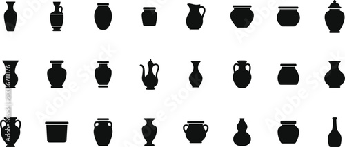 pottery vase and ceramic jar silhouette collection on transparent background