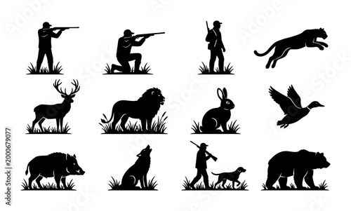 Fotografija Hunting silhouettes collection, 12 vector icons of hunters and wild animals, bla