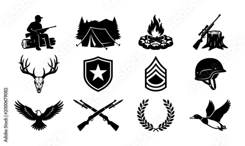 Canvas-taulu Vintage hunting and military icons set, 12 black outdoor adventure vector symbol