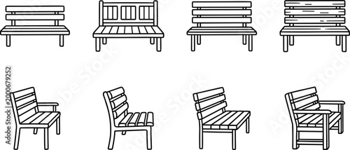 wooden bench and chair outline furniture icons on transparent background