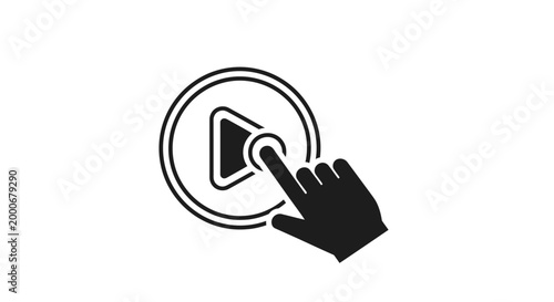 A black and white icon depicting a hand cursor clicking a play button within a circular frame, symbolizing digital interaction.