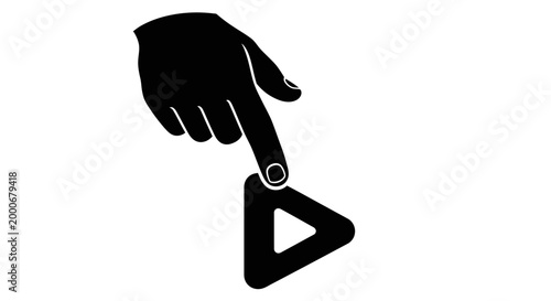 Black silhouette of a hand with an index finger pressing down on a triangular play button icon, isolated on a white background.
