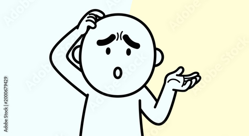 Simple cartoon drawing of a confused person scratching their head with an open hand gesture against a split color background.