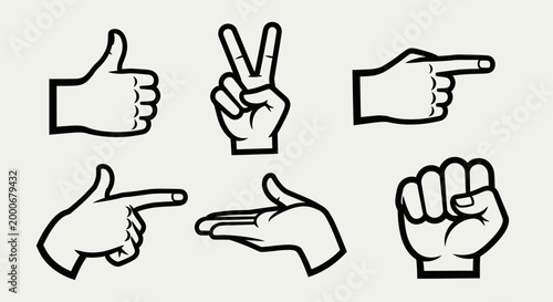 Canvastavla Six black and white line art icons depicting various hand gestures including thumbs up, peace sign, pointing fingers, and a clenched fist