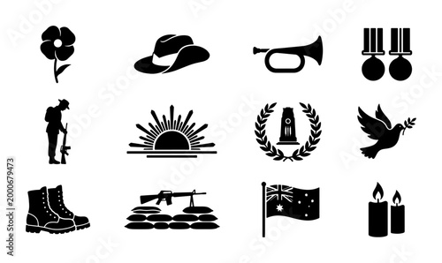 Foto Anzac Day remembrance icons set, 12 black silhouette military memorial symbols,