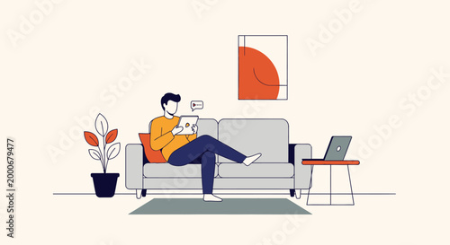 Illustration of a man relaxing on a sofa at home, using a tablet with a laptop nearby in a modern living room setting.