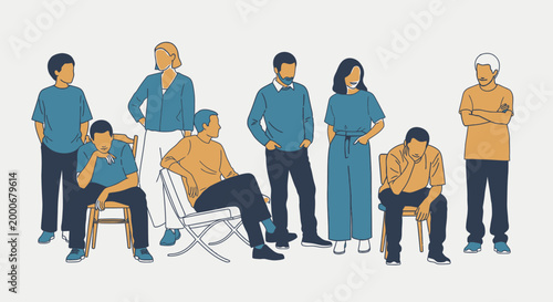 An illustration of a diverse group of people standing and sitting in various poses, depicted with a limited color palette.