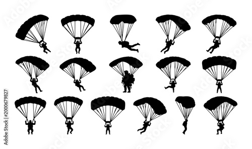 Schilderij op canvas Skydiver silhouette collection with 16 parachute icons, extreme sports paraglidi