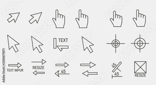 A set of hand drawn arrows and business icons in black line vector illustration style featuring web signs, computer cursors, and internet communication symbols for modern information design