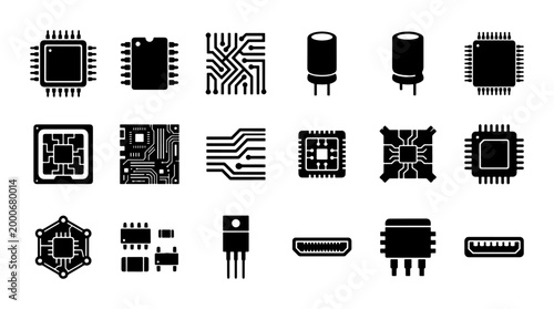 Bilde på lerret Electronic component icons set, 18 black vector symbols of microchips and circui